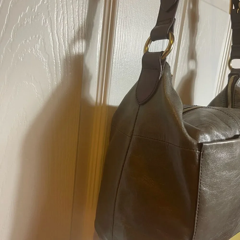 Hobo Leather Grayish green , Brown and Shoulder Bag with gold tone hardwares.